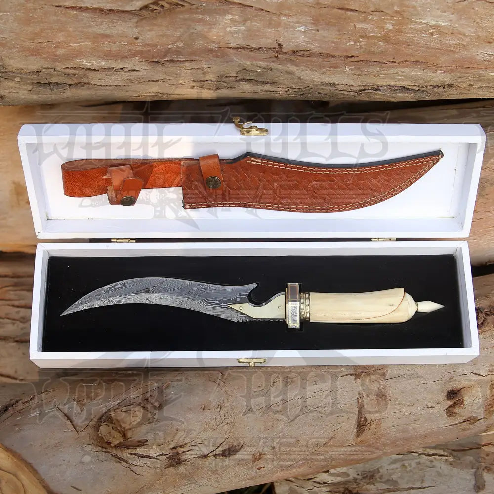 Handmade Damascus Steel Hunting Knife - 15’ Damascus Hunting Camel Bone Handle & Survival Knives