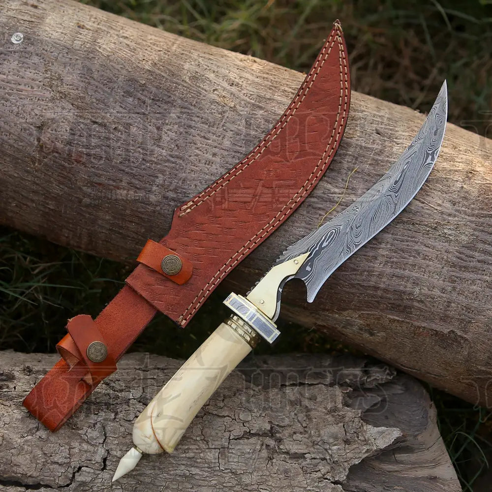 Handmade Damascus Steel Hunting Knife - 15’ Damascus Hunting Camel Bone Handle & Survival Knives