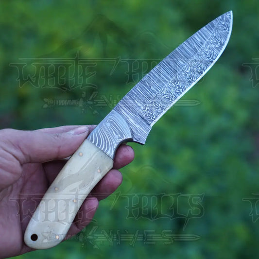 Handmade Damascus Steel Hunting Knife With Bolster & Camel Bone Handle Skinner