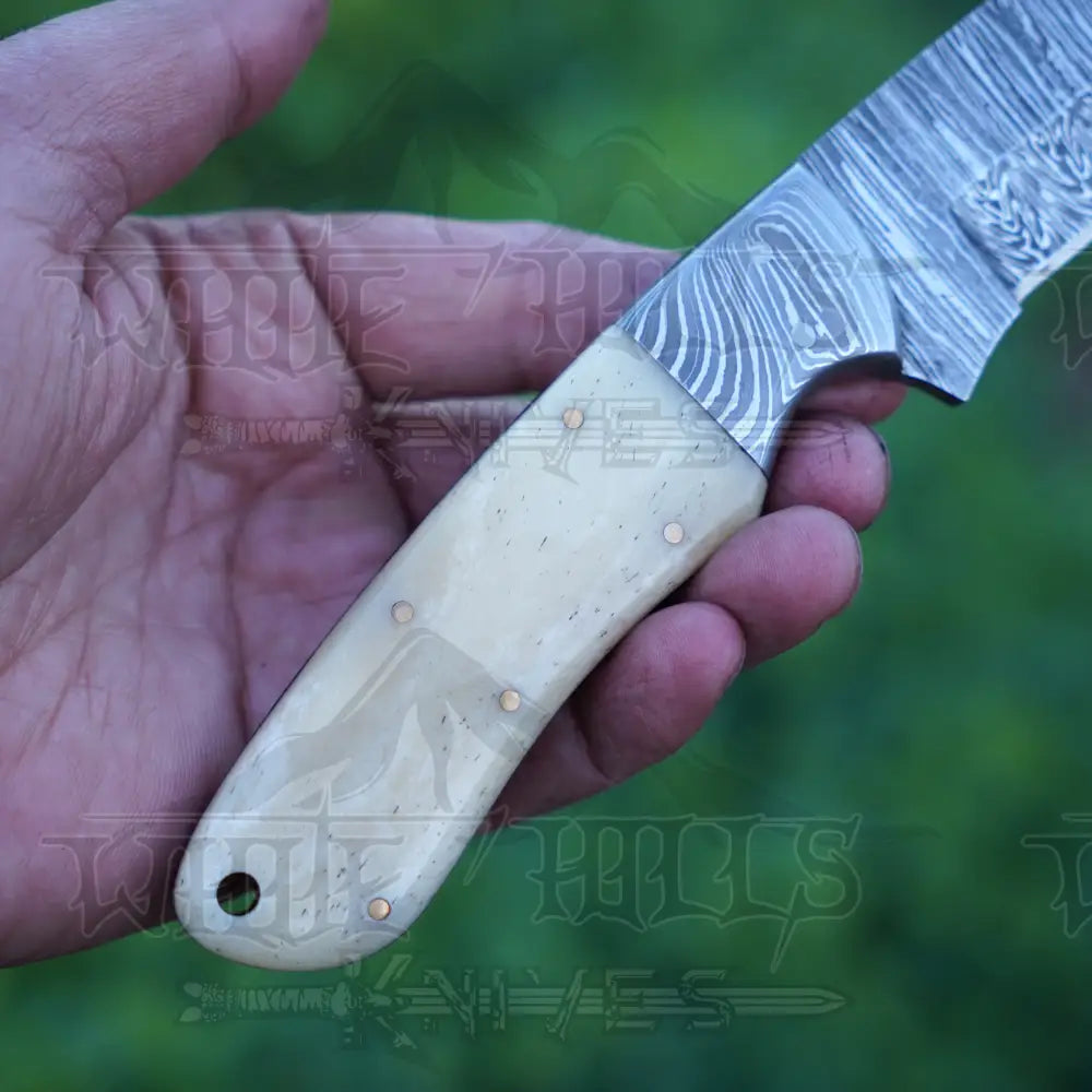 Handmade Damascus Steel Hunting Knife With Bolster & Camel Bone Handle Skinner