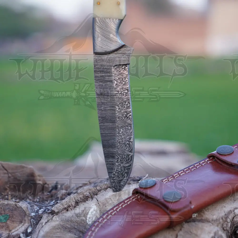 Handmade Damascus Steel Hunting Knife With Bolster & Camel Bone Handle Skinner