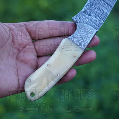Handmade Damascus Steel Hunting Knife With Bolster & Camel Bone Handle Skinner