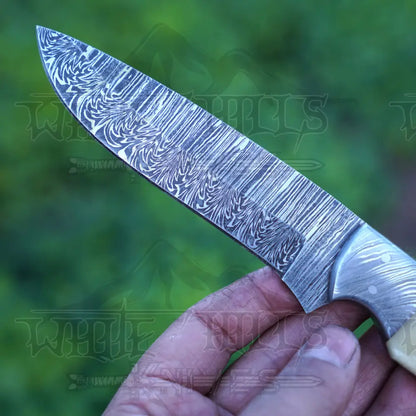 Handmade Damascus Steel Hunting Knife With Bolster & Camel Bone Handle Skinner