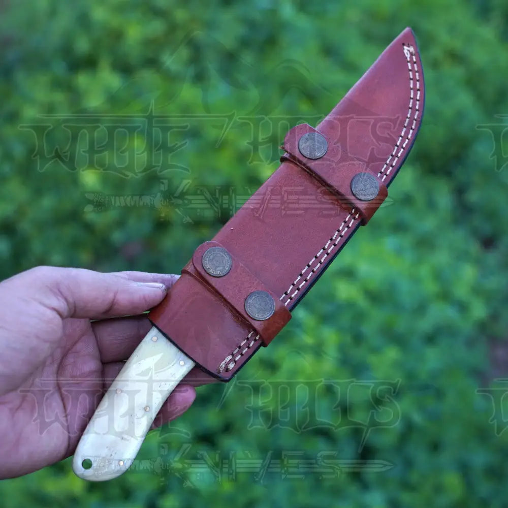 Handmade Damascus Steel Hunting Knife With Bolster & Camel Bone Handle Skinner