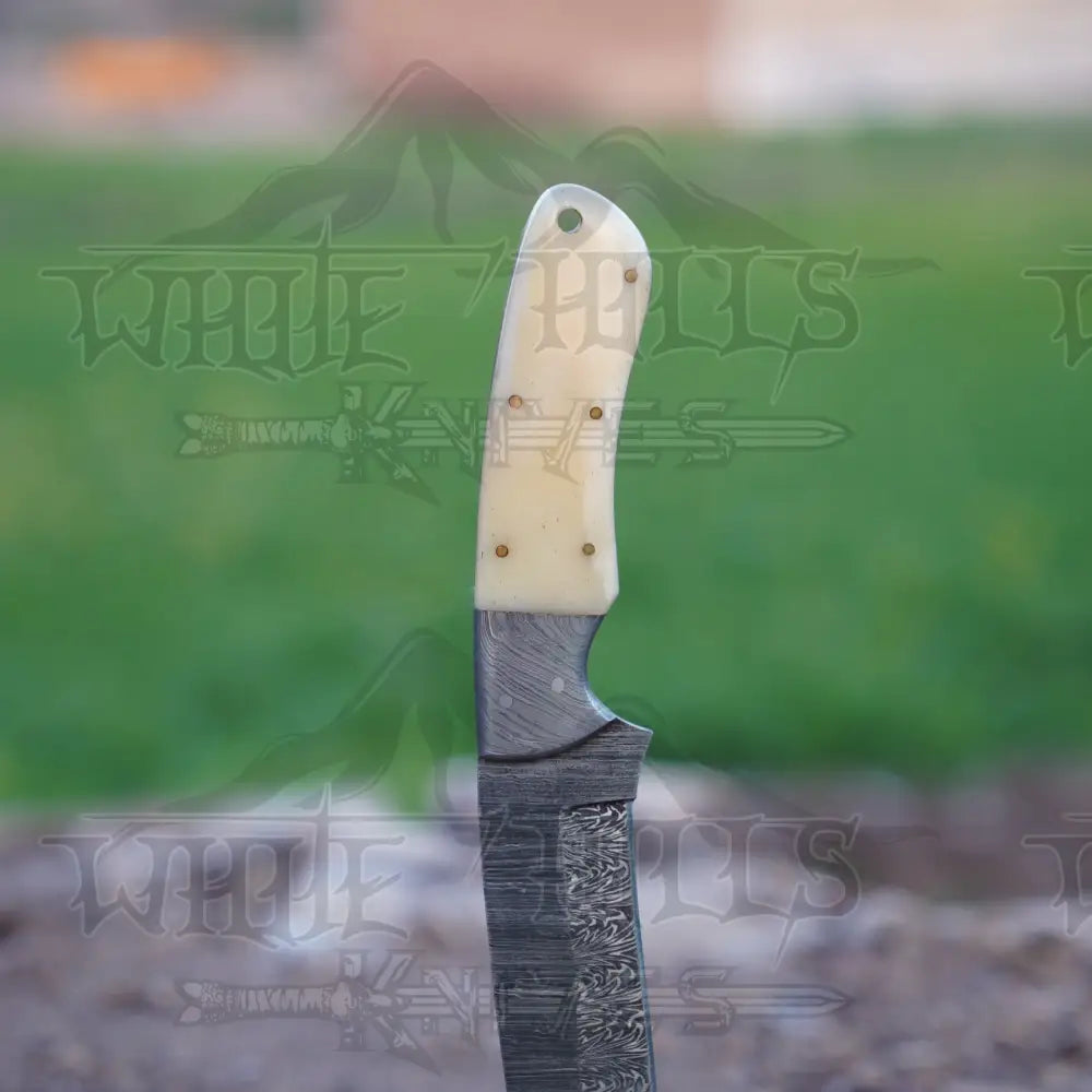 Handmade Damascus Steel Hunting Knife With Bolster & Camel Bone Handle Skinner