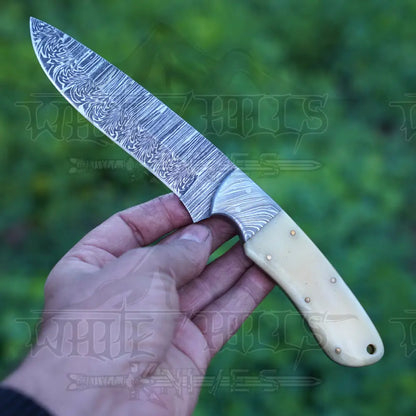 Handmade Damascus Steel Hunting Knife With Bolster & Camel Bone Handle Skinner