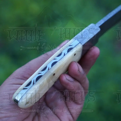 Handmade Damascus Steel Hunting Knife With Bolster & Camel Bone Handle Skinner