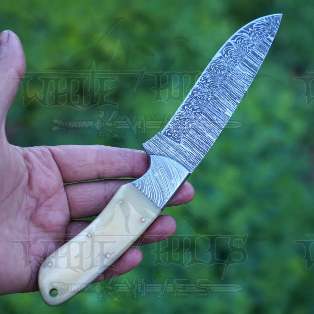 Handmade Damascus Steel Hunting Knife With Bolster & Camel Bone Handle Skinner