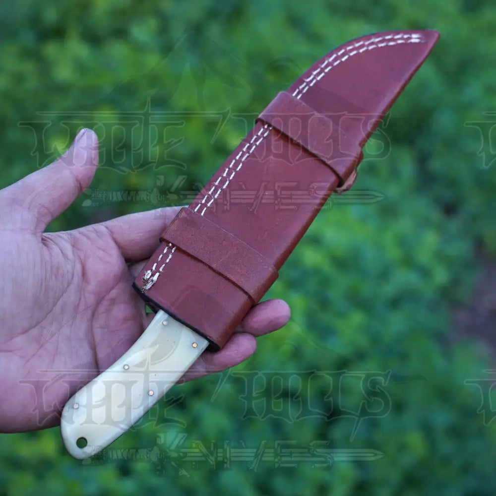 Handmade Damascus Steel Hunting Knife With Bolster & Camel Bone Handle Skinner