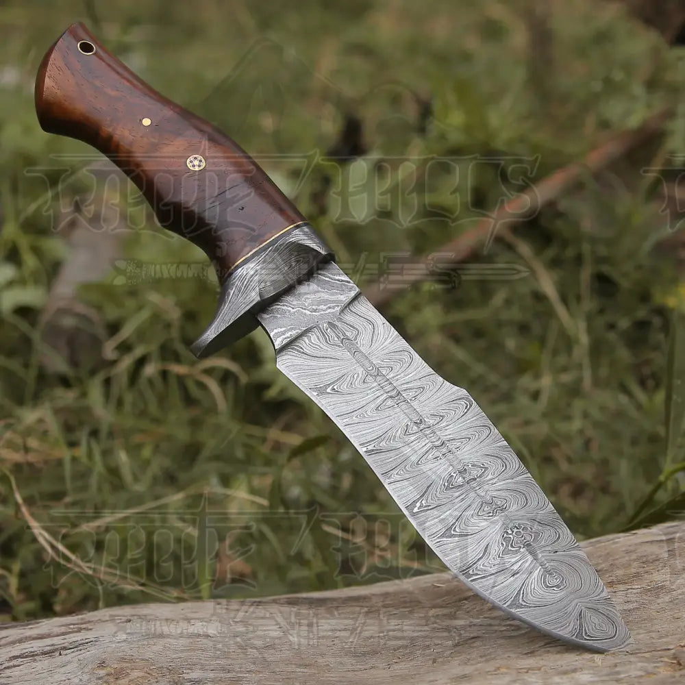 Handmade Damascus Steel Hunting Knife With Rose Wood Handle
