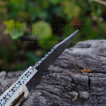 Handmade Damascus Steel Hunting Pocket Folding Knife With Clip - Camping Blade With Bone & Wood