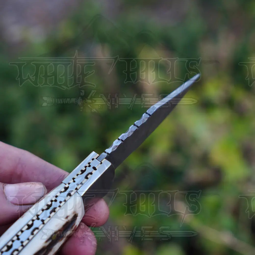 Handmade Damascus Steel Hunting Pocket Folding Knife With Clip - Camping Blade With Bone & Wood