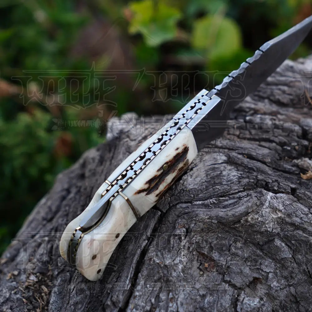Handmade Damascus Steel Hunting Pocket Folding Knife With Clip - Camping Blade With Bone & Wood