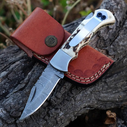 Handmade Damascus Steel Hunting Pocket Folding Knife With Clip - Camping Blade With Bone & Wood