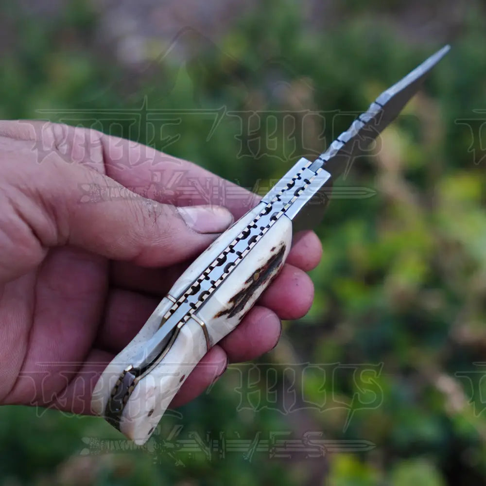Handmade Damascus Steel Hunting Pocket Folding Knife With Clip - Camping Blade With Bone & Wood