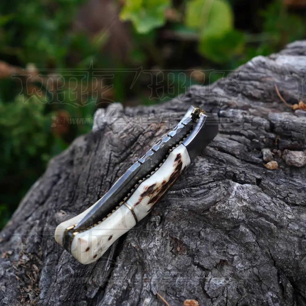 Handmade Damascus Steel Hunting Pocket Folding Knife With Clip - Camping Blade With Bone & Wood