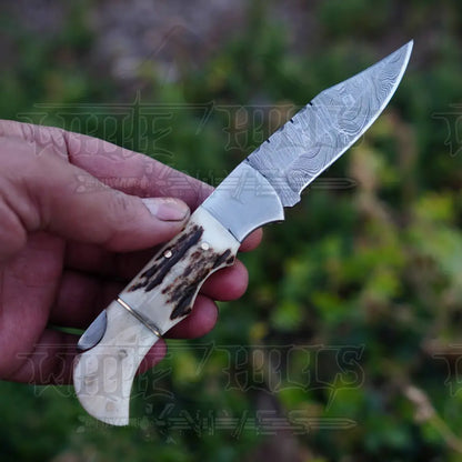 Handmade Damascus Steel Hunting Pocket Folding Knife With Clip - Camping Blade With Bone & Wood