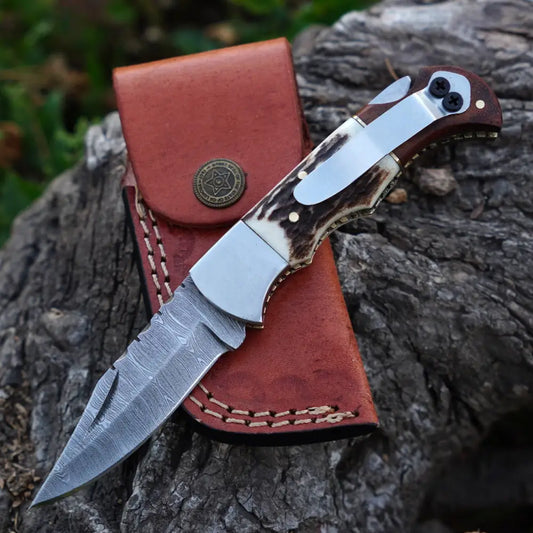 Handmade Damascus Steel Hunting Pocket Folding Knife With Clip - Camping Blade With Stag & Wood