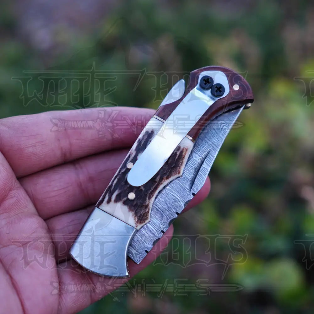 Handmade Damascus Steel Hunting Pocket Folding Knife With Clip - Camping Blade With Stag & Wood