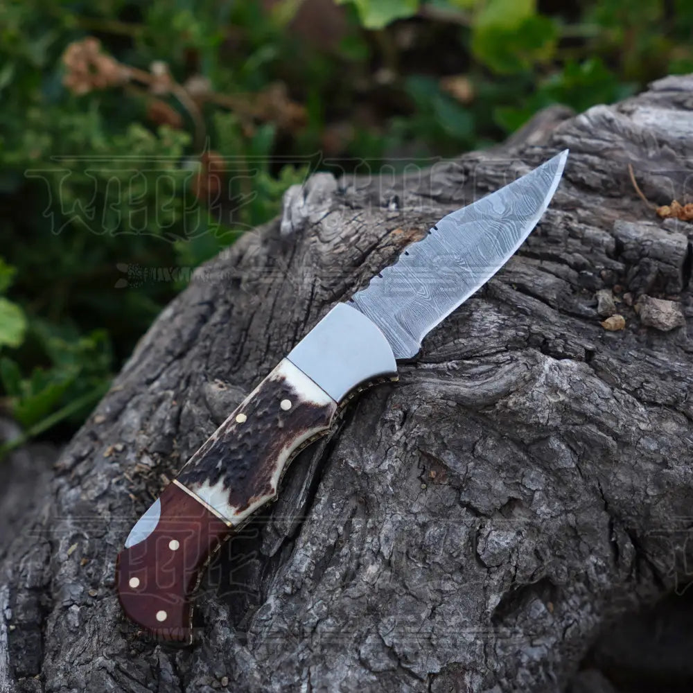 Handmade Damascus Steel Hunting Pocket Folding Knife With Clip - Camping Blade With Stag & Wood
