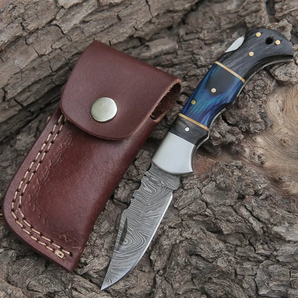 Handmade Damascus Steel Hunting Pocket Knife Camping Folding Blade With Black & Blue Dollar Sheet