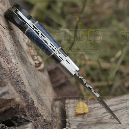 Handmade Damascus Steel Hunting Pocket Knife Camping Folding Blade With Black & Blue Dollar Sheet