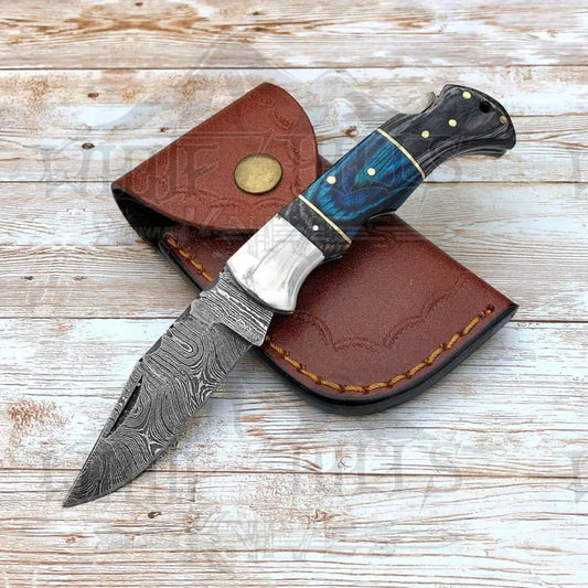 Handmade Damascus Steel Hunting Pocket Knife Camping Folding Blade With Black & Blue Wood Handle Wh
