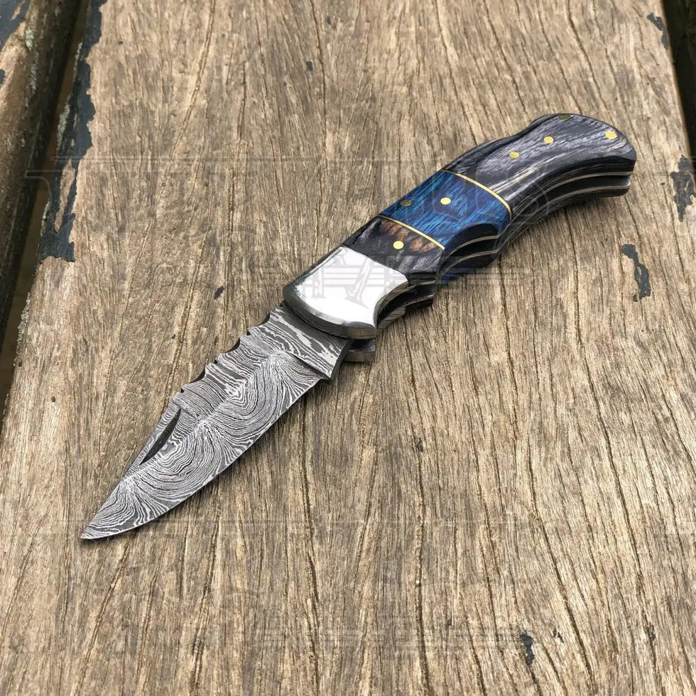 Handmade Damascus Steel Hunting Pocket Knife Camping Folding Blade With Black & Blue Wood Handle Wh