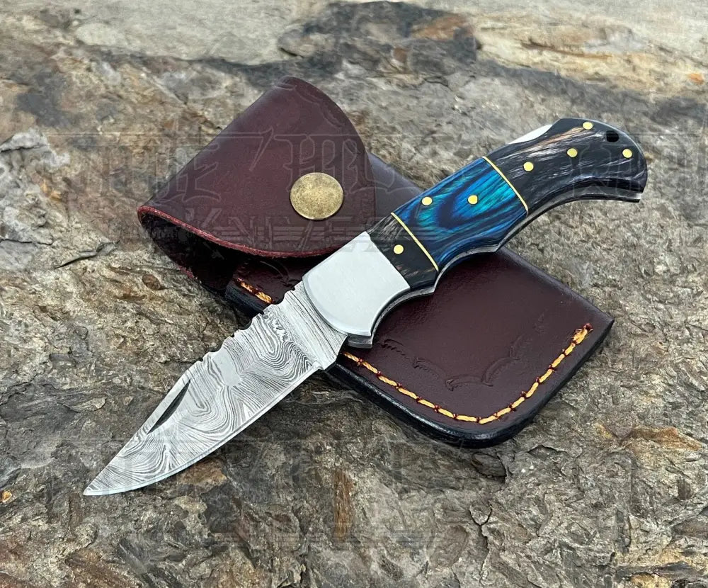 Handmade Damascus Steel Hunting Pocket Knife Camping Folding Blade With Black & Blue Wood Handle Wh