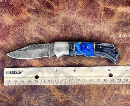 Handmade Damascus Steel Hunting Pocket Knife Camping Folding Blade With Black & Blue Wood Handle Wh