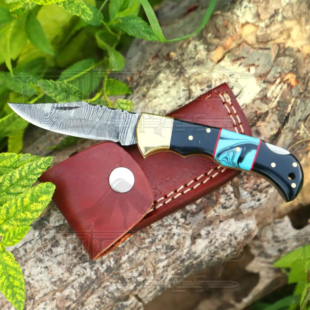 Handmade Damascus Steel Hunting Pocket Knife Camping Folding Blade With Bull Horn & Resin Handle Wh