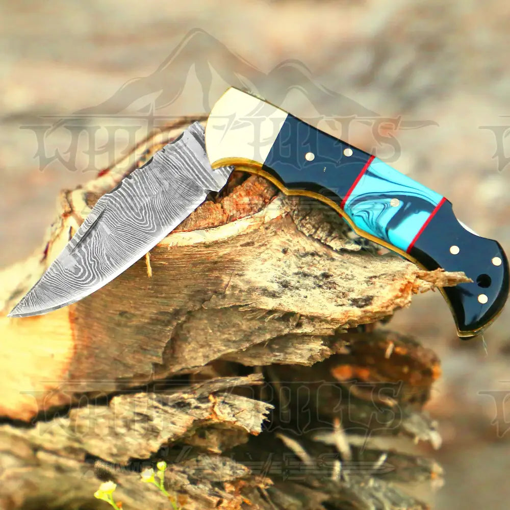 Handmade Damascus Steel Hunting Pocket Knife Camping Folding Blade With Bull Horn & Resin Handle Wh