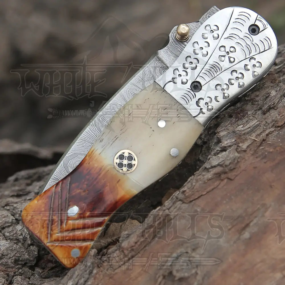 Handmade Damascus Steel Hunting Pocket Knife Camping Folding Blade With Camel Bone Handle Wh 4405