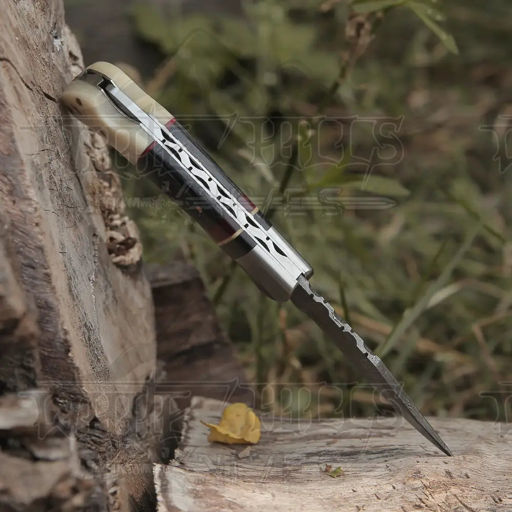 Handmade Damascus Steel Hunting Pocket Knife Camping Folding Blade With Camel Bone & Wood Handle