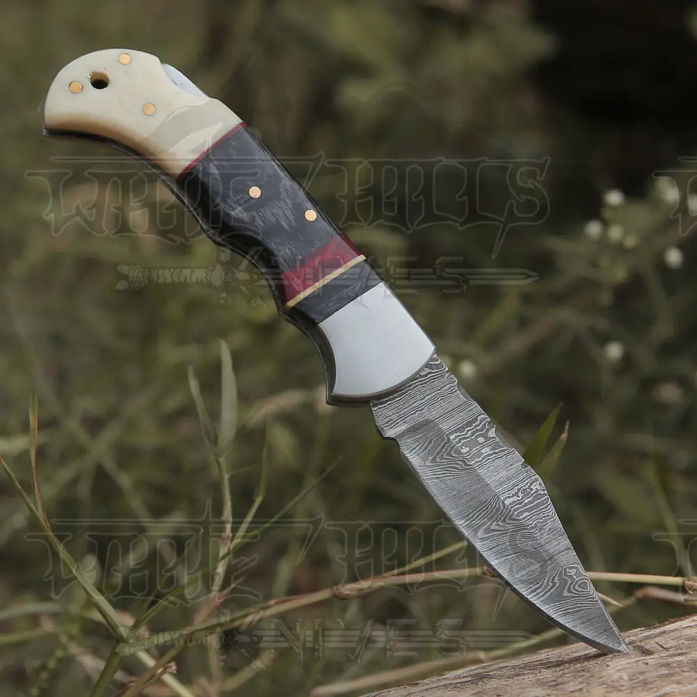 Handmade Damascus Steel Hunting Pocket Knife Camping Folding Blade With Camel Bone & Wood Handle