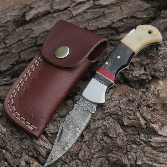 Handmade Damascus Steel Hunting Pocket Knife Camping Folding Blade With Camel Bone & Wood Handle