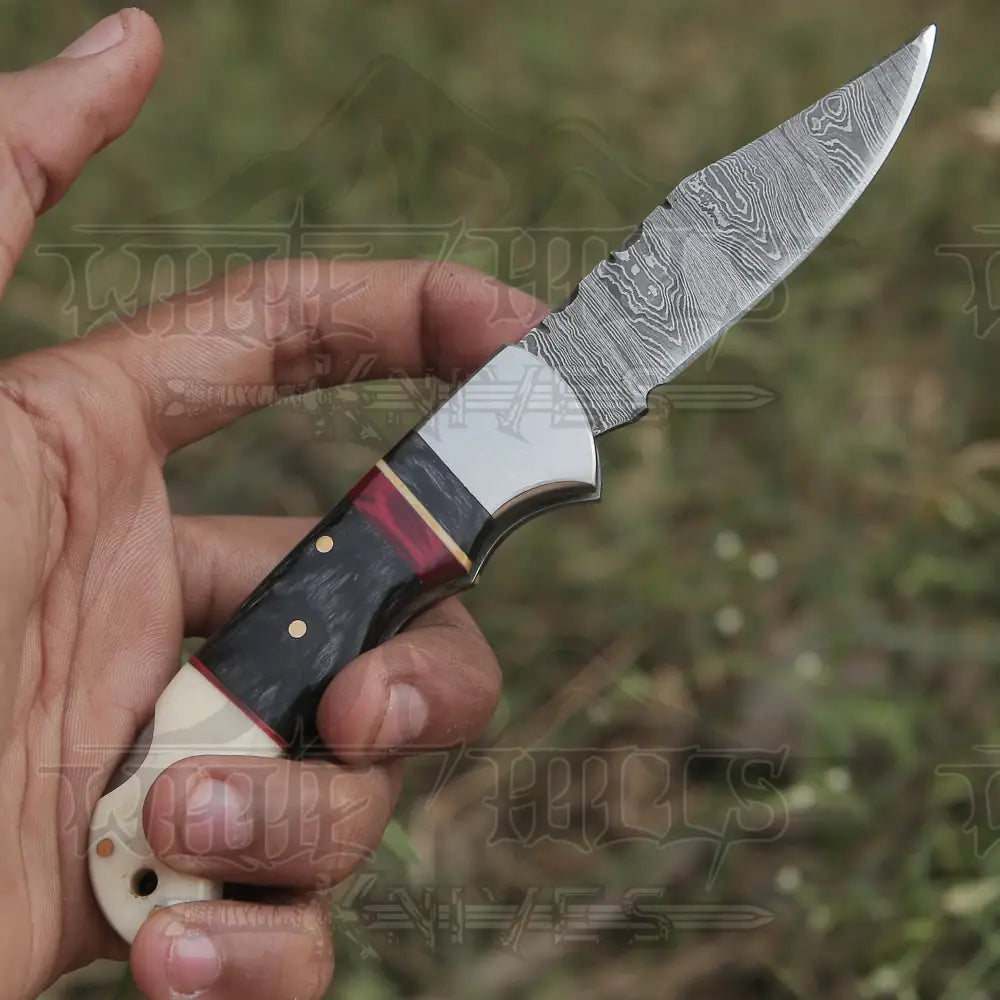Handmade Damascus Steel Hunting Pocket Knife Camping Folding Blade With Camel Bone & Wood Handle