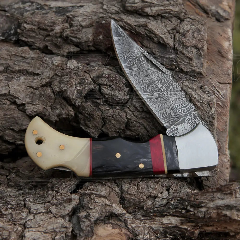 Handmade Damascus Steel Hunting Pocket Knife Camping Folding Blade With Camel Bone & Wood Handle