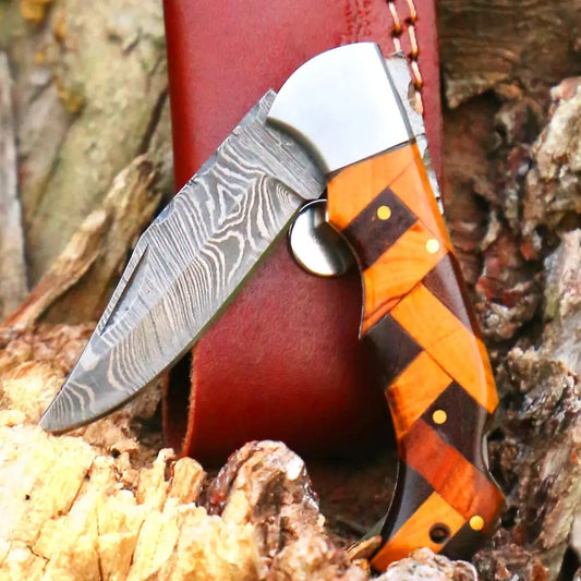 Handmade Damascus Steel Hunting Pocket Knife Camping Folding Blade With Cocobolo Wood & Olive Handle