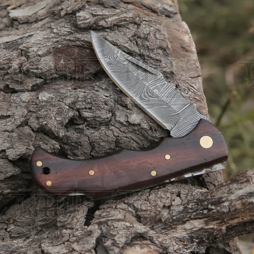 Handmade Damascus Steel Hunting Pocket Knife Camping Folding Blade With Wood Handle Wh 4368