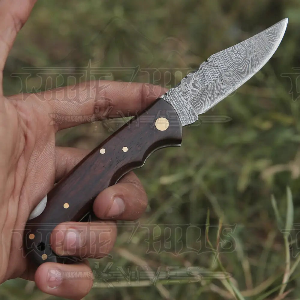 Handmade Damascus Steel Hunting Pocket Knife Camping Folding Blade With Wood Handle Wh 4368