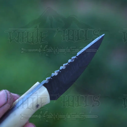 Handmade Damascus Steel Knife - Camel Bone Handle 5’ Full Tang Hunting & Camping Sk - 032 Skinner