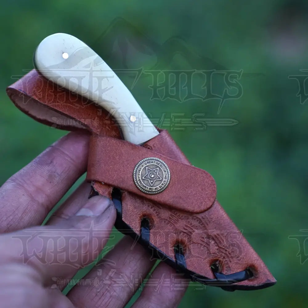 Handmade Damascus Steel Knife - Camel Bone Handle 5’ Full Tang Hunting & Camping Sk - 032 Skinner