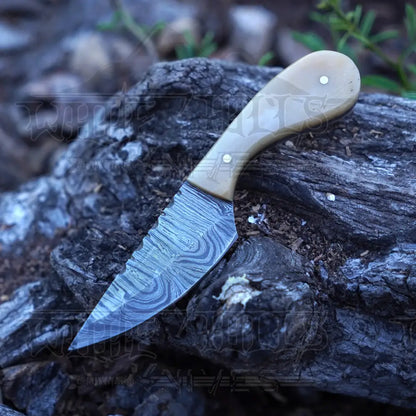 Handmade Damascus Steel Knife - Camel Bone Handle 5’ Full Tang Hunting & Camping Sk - 032 Skinner