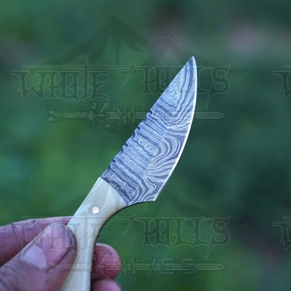 Handmade Damascus Steel Knife - Camel Bone Handle 5’ Full Tang Hunting & Camping Sk - 032 Skinner