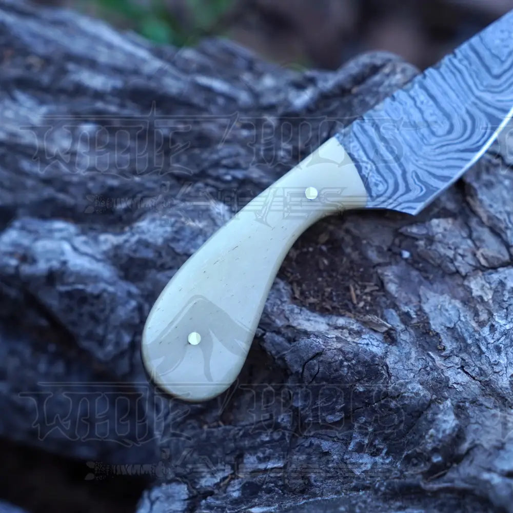 Handmade Damascus Steel Knife - Camel Bone Handle 5’ Full Tang Hunting & Camping Sk - 032 Skinner