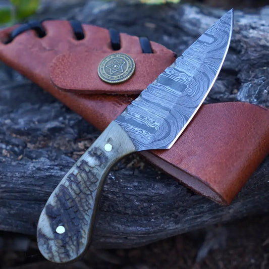 Handmade Damascus Steel Knife - Ram Horn Handle 5’ Full Tang Hunting & Camping Sk - 030 Skinner