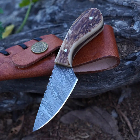 Handmade Damascus Steel Knife - Stag Antler Handle 5’ Full Tang Hunting & Camping Sk - 031 Skinner