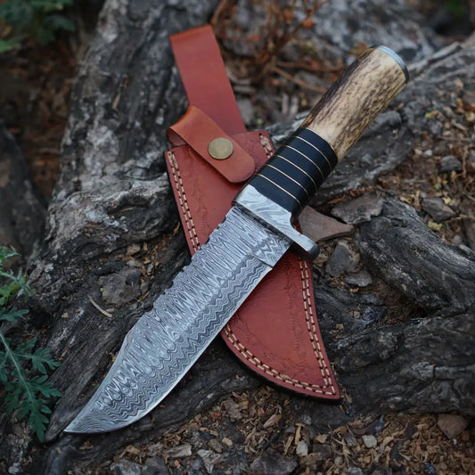 Handmade Damascus Steel Knife - Stag Antler & Wood Handle Hunting