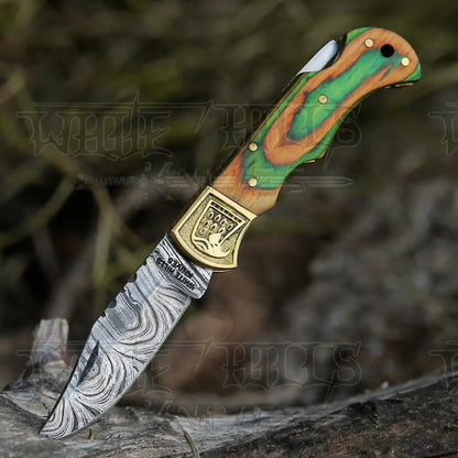 Handmade Damascus Steel Pocket Knife - Folding Knife- Stain Wood Handle With Engraved Brass Eagle
